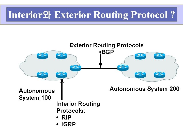 Interior와 Exterior Routing Protocol ? Exterior Routing Protocols • BGP Autonomous System 100 Autonomous