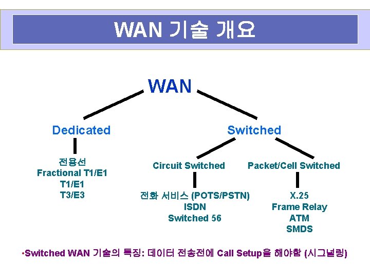 WAN 기술 개요 WAN Dedicated 전용선 Fractional T 1/E 1 T 3/E 3 Switched