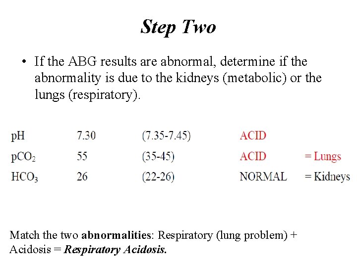 Step Two • If the ABG results are abnormal, determine if the abnormality is