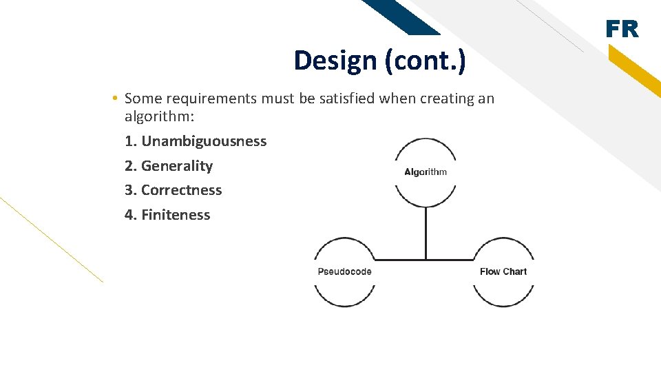Design (cont. ) • Some requirements must be satisfied when creating an algorithm: 1.