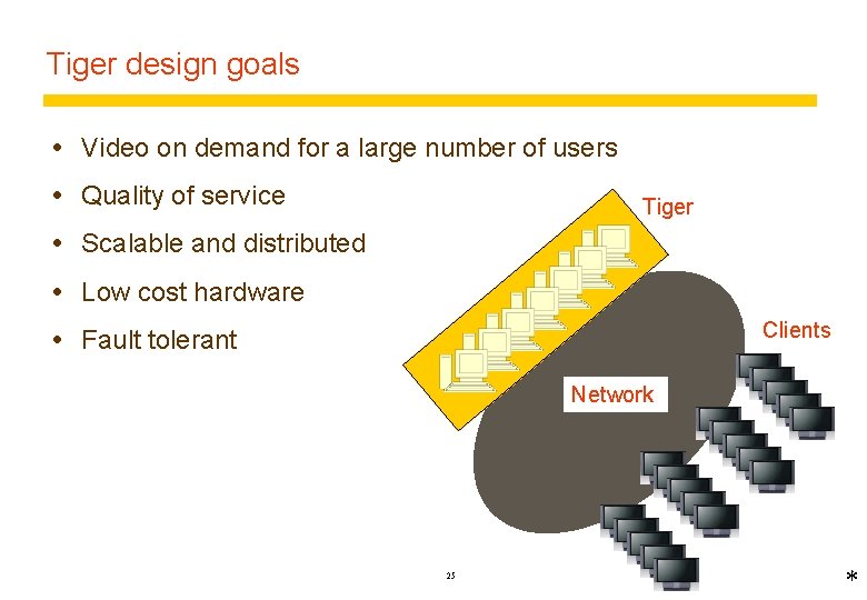 Tiger design goals Video on demand for a large number of users Quality of