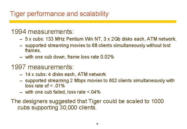 Tiger performance and scalability 1994 measurements: – 5 x cubs: 133 MHz Pentium Win