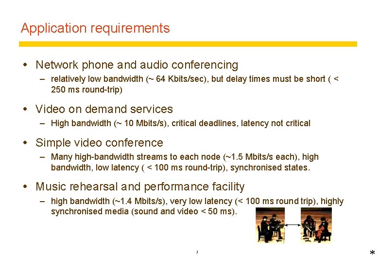 Application requirements Network phone and audio conferencing – relatively low bandwidth (~ 64 Kbits/sec),