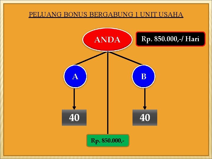 PELUANG BONUS BERGABUNG 1 UNIT USAHA ANDA Rp. 850. 000, -/ Hari A B