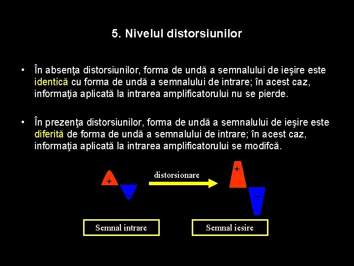 5. Nivelul distorsiunilor • În absenţa distorsiunilor, forma de undă a semnalului de ieşire