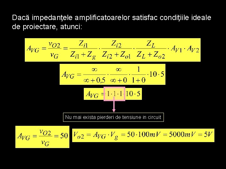 Dacă impedanţele amplificatoarelor satisfac condiţiile ideale de proiectare, atunci: Nu mai exista pierderi de