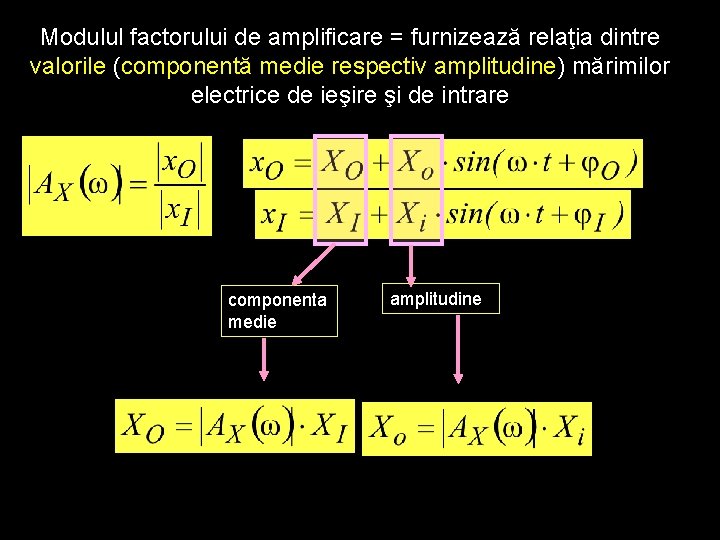 Modulul factorului de amplificare = furnizează relaţia dintre valorile (componentă medie respectiv amplitudine) mărimilor