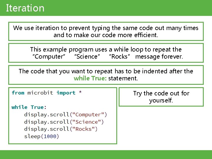 Iteration We use iteration to prevent typing the same code out many times and Iteration We use iteration to prevent typing the same code out many times and