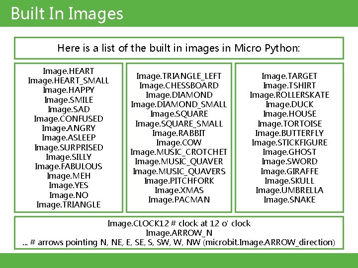 Built In Images Here is a list of the built in images in Micro
