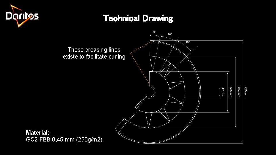 Technical Drawing Those creasing lines existe to facilitate curling Material: GC 2 FBB 0,