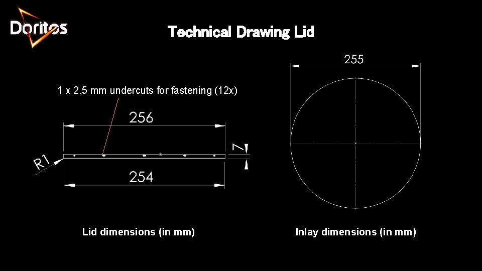 Technical Drawing Lid 1 x 2, 5 mm undercuts for fastening (12 x) Lid