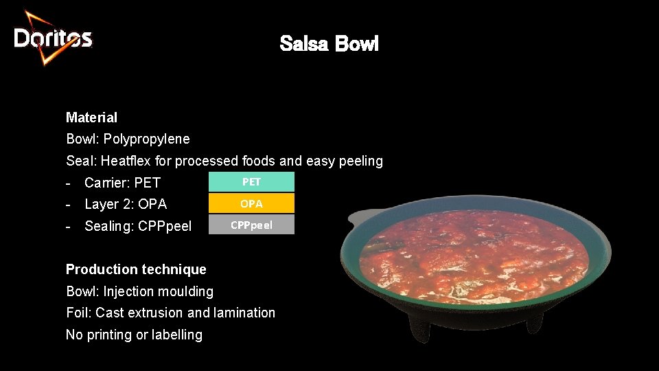 Salsa Bowl Material Bowl: Polypropylene Seal: Heatflex for processed foods and easy peeling -