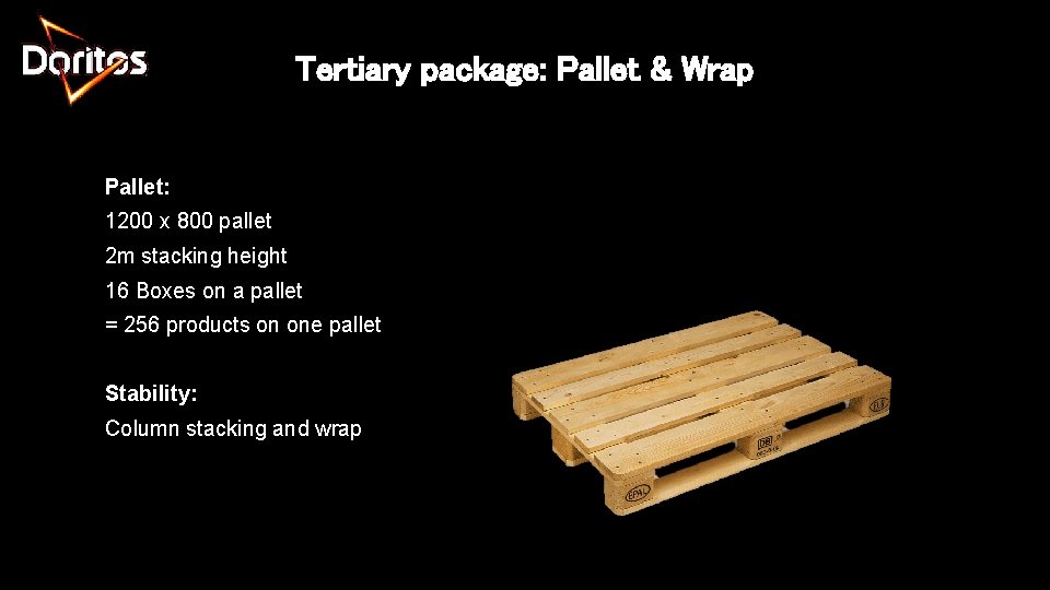 Tertiary package: Pallet & Wrap Pallet: 1200 x 800 pallet 2 m stacking height
