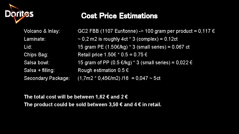 Cost Price Estimations Volcano & Inlay: GC 2 FBB (1107 Eur/tonne) -> 100 gram