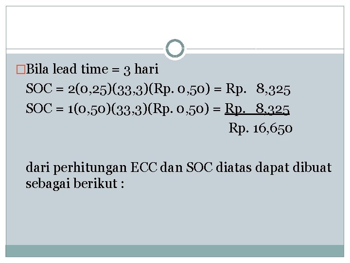 �Bila lead time = 3 hari SOC = 2(0, 25)(33, 3)(Rp. 0, 50) =