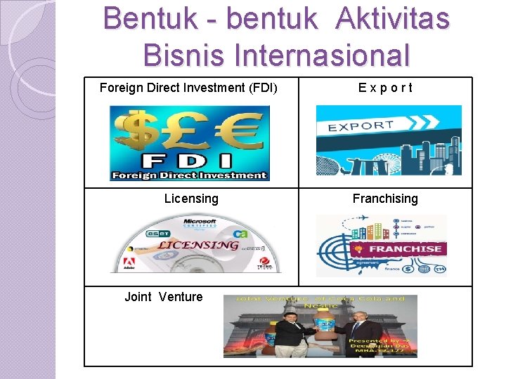 Bentuk - bentuk Aktivitas Bisnis Internasional Foreign Direct Investment (FDI) Export Licensing Franchising Joint