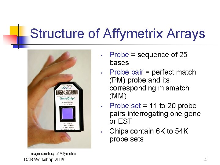 Structure of Affymetrix Arrays • • Probe = sequence of 25 bases Probe pair