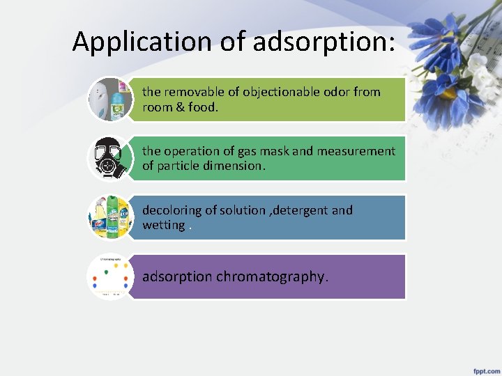 Application of adsorption: the removable of objectionable odor from room & food. the operation