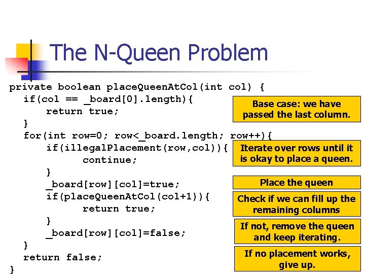 The N-Queen Problem private boolean place. Queen. At. Col(int col) { if(col == _board[0].