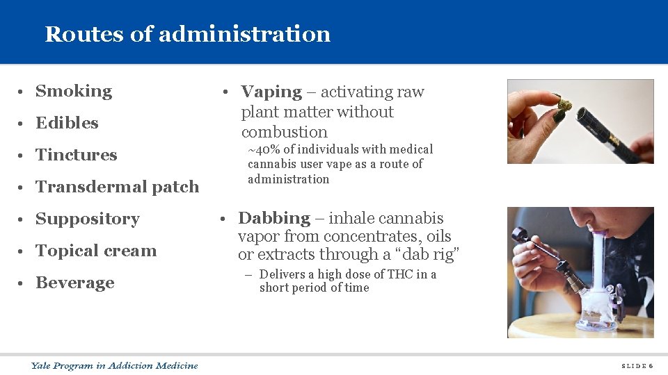 Routes of administration • Smoking • Edibles • Tinctures • Transdermal patch • Suppository