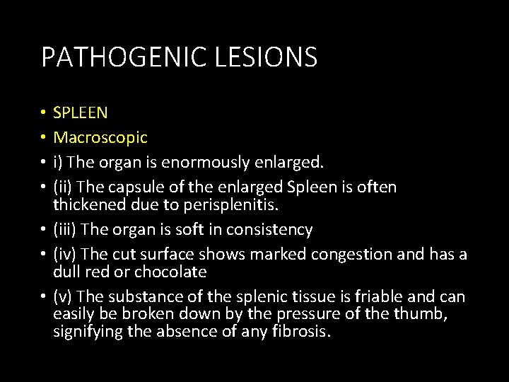 PATHOGENIC LESIONS SPLEEN Macroscopic i) The organ is enormously enlarged. (ii) The capsule of