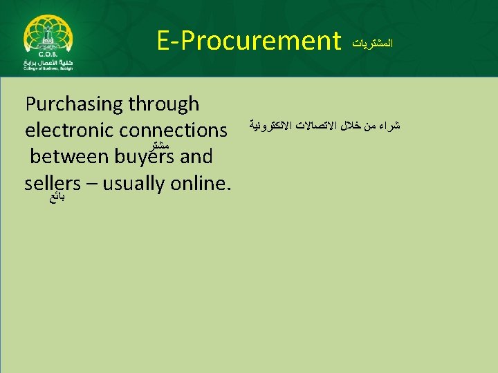 E-Procurement Purchasing through electronic connections ﻣﺸﺘﺮ between buyers and sellers – usually online. ﺑﺎﺋﻊ