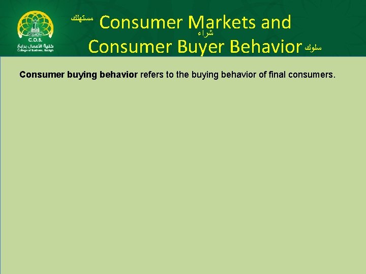 Consumer Markets and ﺷﺮﺍﺀ Consumer Buyer Behavior ﺳﻠﻮﻙ ﻣﺴﺘﻬﻠﻚ Consumer buying behavior refers to