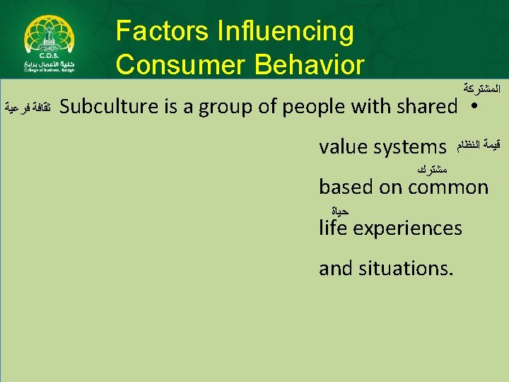 Factors Influencing Consumer Behavior ﺍﻟﻤﺸﺘﺮﻛﺔ ﻓﺮﻋﻴﺔ ﺛﻘﺎﻓﺔ Subculture is a group of people with