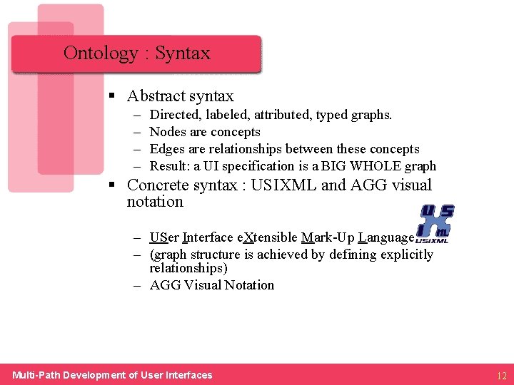 Ontology : Syntax § Abstract syntax – – Directed, labeled, attributed, typed graphs. Nodes