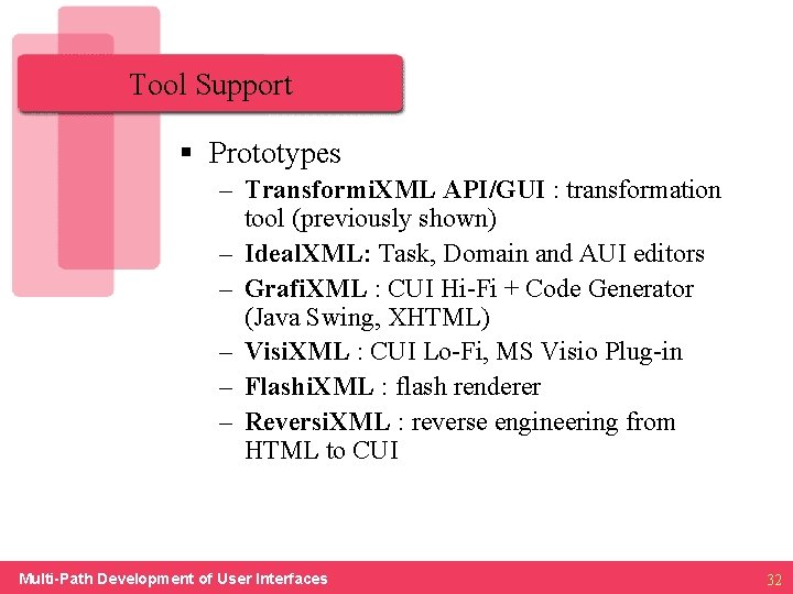 Tool Support § Prototypes – Transformi. XML API/GUI : transformation tool (previously shown) –