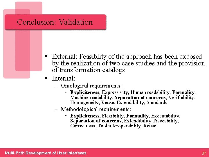 Conclusion: Validation § External: Feasiblity of the approach has been exposed by the realization