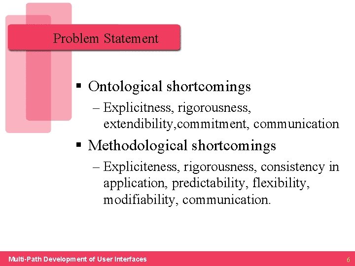 Problem Statement § Ontological shortcomings – Explicitness, rigorousness, extendibility, commitment, communication § Methodological shortcomings