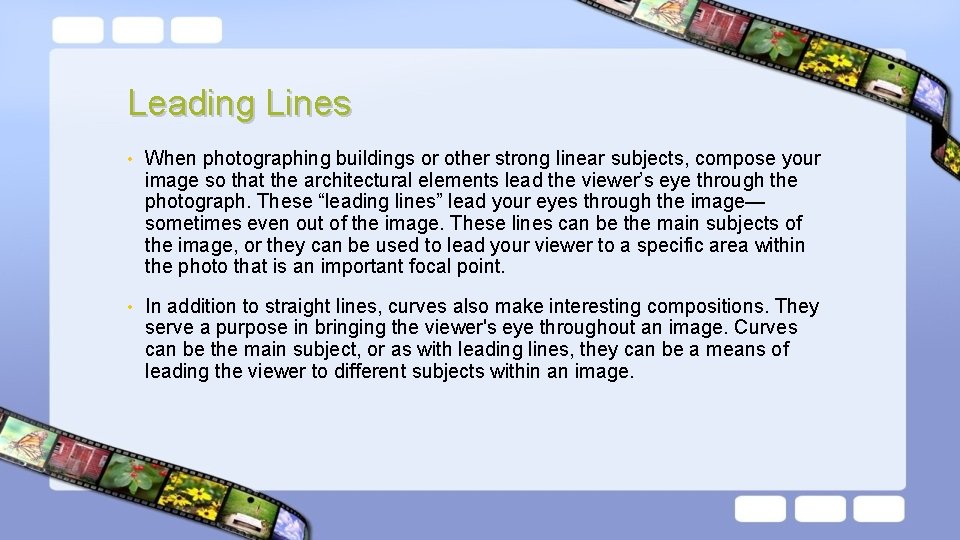 Leading Lines • When photographing buildings or other strong linear subjects, compose your image