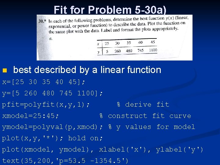 Fit for Problem 5 -30 a) best described by a linear function x=[25 30
