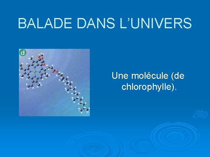 BALADE DANS L’UNIVERS Une molécule (de chlorophylle). 