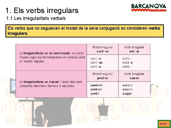 1. Els verbs irregulars 1. 1 Les irregularitats verbals Els verbs que no segueixen 1. Els verbs irregulars 1. 1 Les irregularitats verbals Els verbs que no segueixen