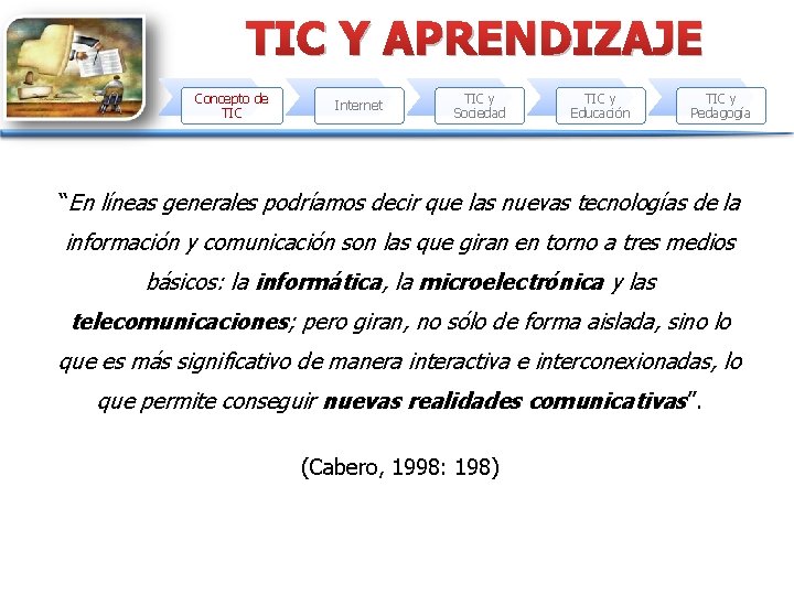 TIC Y APRENDIZAJE Concepto de TIC Internet TIC y Sociedad TIC y Educación TIC
