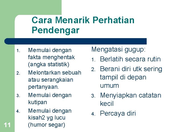 Cara Menarik Perhatian Pendengar 1. 2. 3. 4. 11 Memulai dengan fakta menghentak (angka