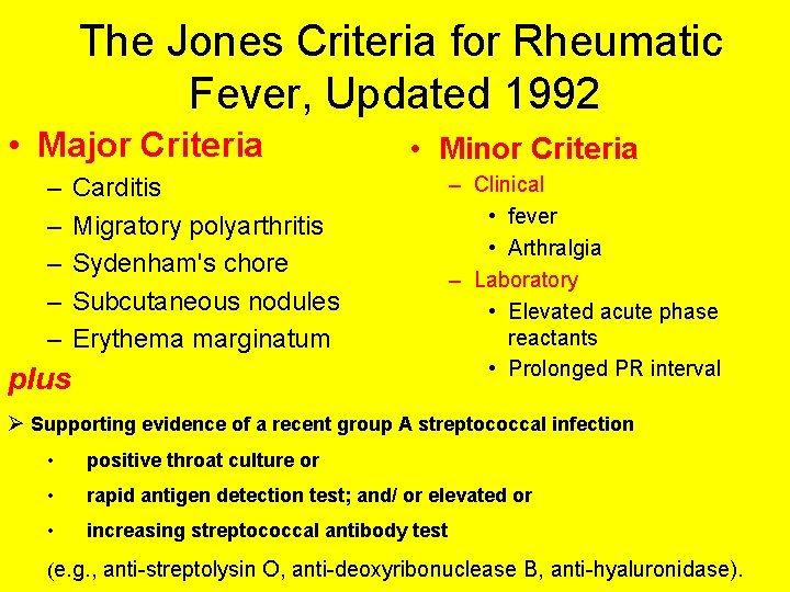 The Jones Criteria for Rheumatic Fever, Updated 1992 • Major Criteria – – –