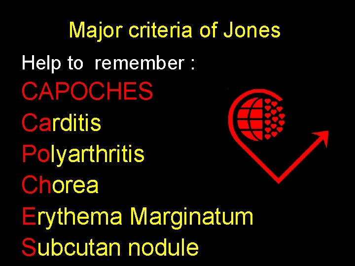 Major criteria of Jones Help to remember : CAPOCHES Carditis Polyarthritis Chorea Erythema Marginatum