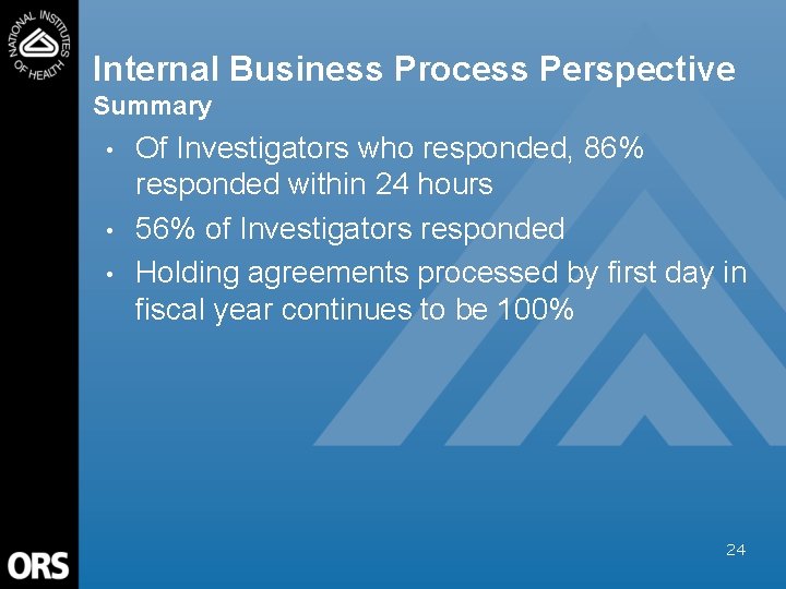 Internal Business Process Perspective Summary • • • Of Investigators who responded, 86% responded
