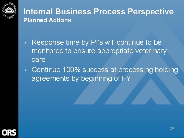 Internal Business Process Perspective Planned Actions • • Response time by PI’s will continue