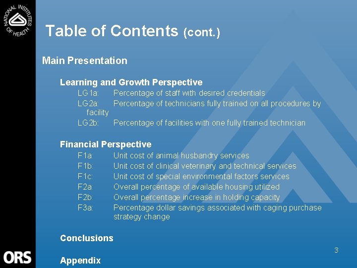 Table of Contents (cont. ) Main Presentation Learning and Growth Perspective LG 1 a: