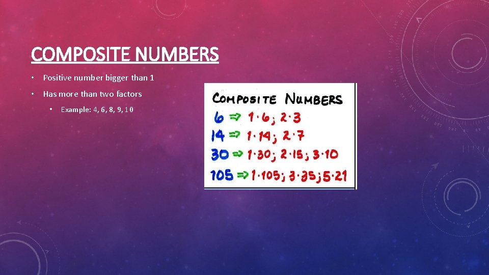 COMPOSITE NUMBERS • Positive number bigger than 1 • Has more than two factors