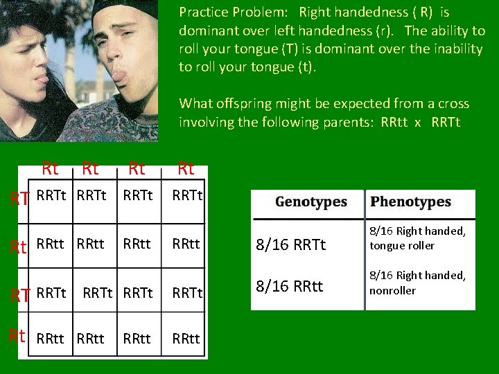 Practice Problem: Right handedness ( R) is dominant over left handedness (r). The ability
