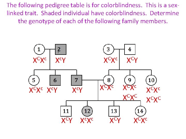 The following pedigree table is for colorblindness. This is a sexlinked trait. Shaded individual