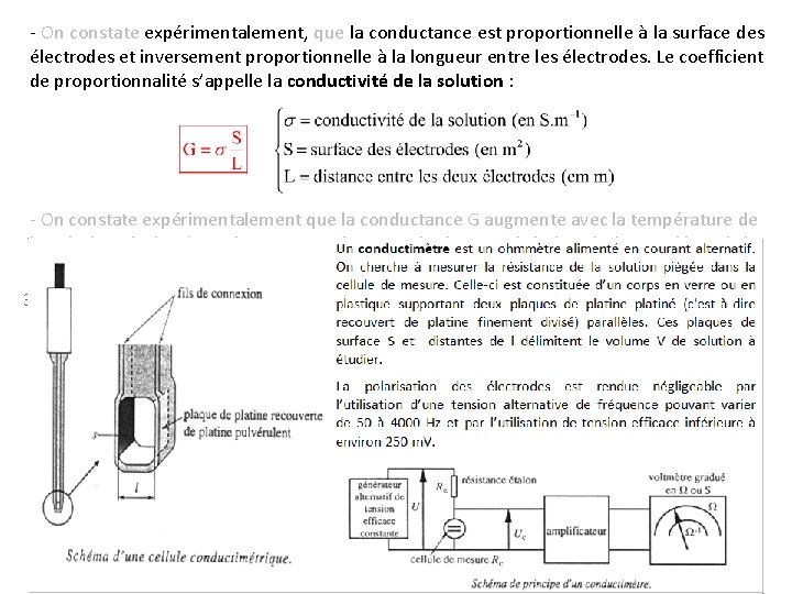- On constate expérimentalement, que la conductance est proportionnelle à la surface des électrodes - On constate expérimentalement, que la conductance est proportionnelle à la surface des électrodes