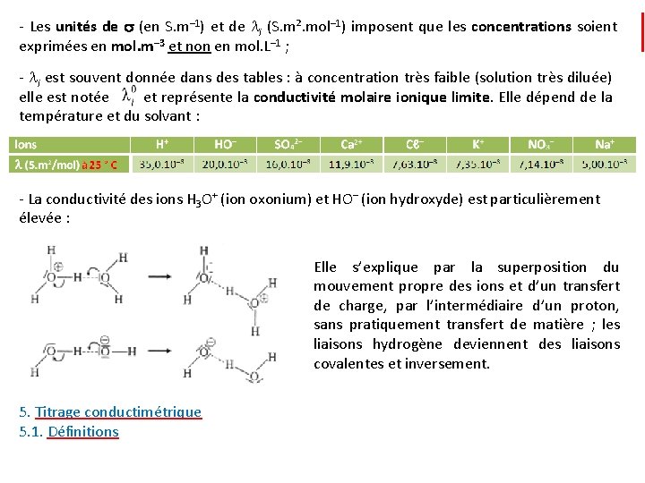 - Les unités de (en S. m– 1) et de i (S. m². mol– - Les unités de (en S. m– 1) et de i (S. m². mol–