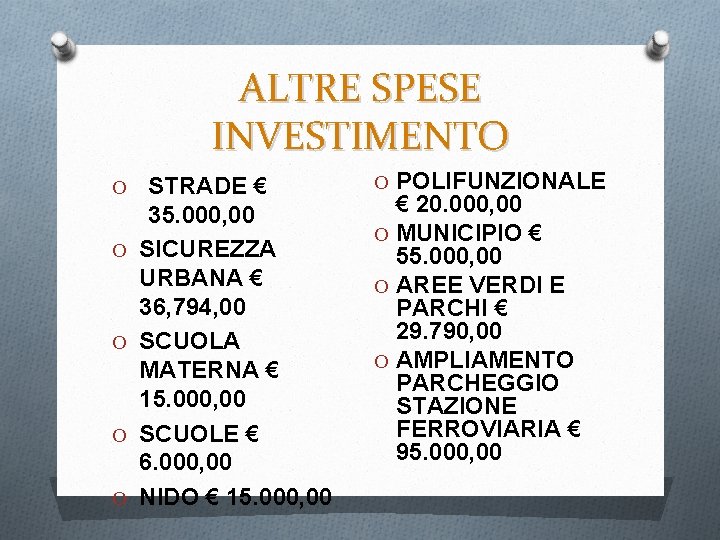 ALTRE SPESE INVESTIMENTO O O STRADE € 35. 000, 00 SICUREZZA URBANA € 36,