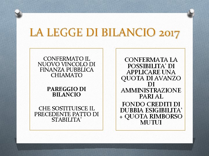 LA LEGGE DI BILANCIO 2017 CONFERMATO IL NUOVO VINCOLO DI FINANZA PUBBLICA CHIAMATO PAREGGIO